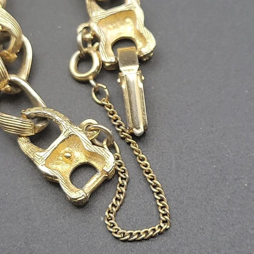 Vintage Gold Tone Multi Charm Bracelet Lucky 13 Dog Rabbit Bicycle 7.25in Kitsch